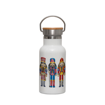 Ο Καρυοθραύστης, Μεταλλικό παγούρι θερμός (Stainless steel) Λευκό με ξύλινο καπακι (bamboo), διπλού τοιχώματος, 350ml