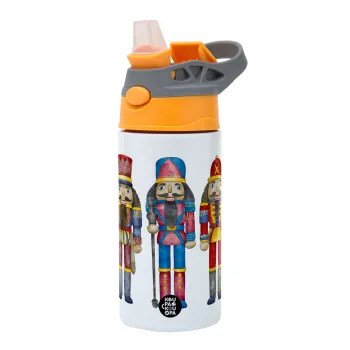 Christmas Nutcrackers, Children's hot water bottle, stainless steel, with safety straw, Orange/Grey (360ml) BPA-FREE