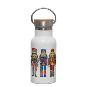 Christmas Nutcrackers, Metallic thermos (Stainless steel) White with wooden lid (bamboo), double-walled, 350ml