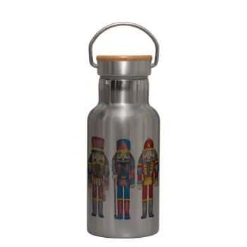 Christmas Nutcrackers, Stainless steel metallic thermos flask, silver with a bamboo lid, double-walled, 350ml.