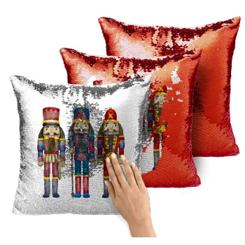 Christmas Nutcrackers, Μαξιλάρι καναπέ Μαγικό Κόκκινο με πούλιες 40x40cm περιέχεται το γέμισμα