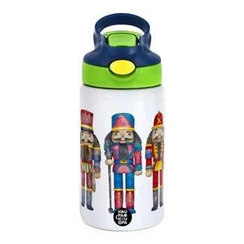 Christmas Nutcrackers, Children's hot water bottle, stainless steel, with safety straw, green, blue (350ml)