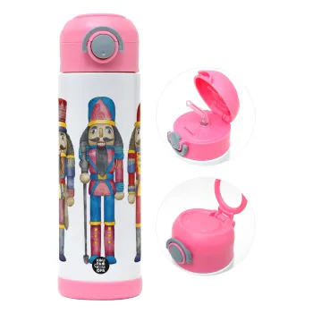 Christmas Nutcrackers, Children's hot water bottle, stainless steel, with safety straw, PINK (500ml)