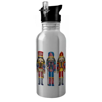 Christmas Nutcrackers, Water bottle Silver with straw, stainless steel 600ml