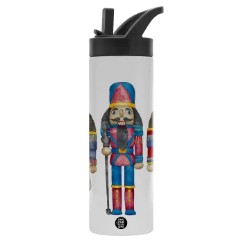 Christmas Nutcrackers, Metallic thermos bottle with straw & handle, stainless steel (Stainless steel 304), double-walled, 600ml.