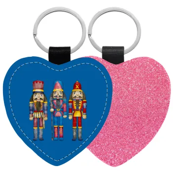 Christmas Nutcrackers, Μπρελόκ PU δερμάτινο glitter καρδιά ΡΟΖ