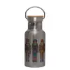 Stainless steel metallic thermos flask, silver with a bamboo lid, double-walled, 350ml.