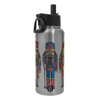 Christmas Nutcrackers, Metal mug thermo Silver with Straw and Spout Lid (Stainless steel), double wall, 950ml