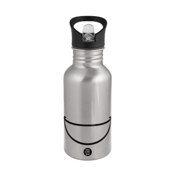 Big Smile, Water bottle Silver with straw, stainless steel 500ml