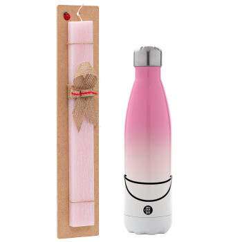 Big Smile, Easter Set, Metallic pink/white (Stainless steel) thermos, double-walled, 500ml & aromatic flat Easter candle (30cm) (PINK)