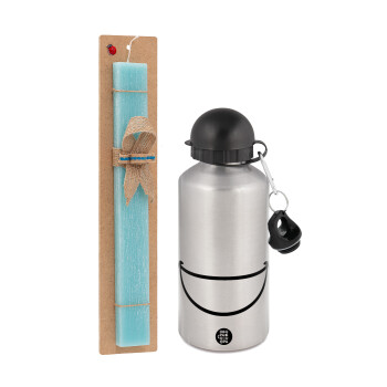 Big Smile, Easter Set, metallic silver aluminum water bottle (500ml) & scented flat Easter candle (30cm) (TURQUOISE)