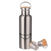 Μεταλλικό παγούρι θερμός (Stainless steel) Ασημένιο με ξύλινο καπακι (bamboo), διπλού τοιχώματος, 750ml