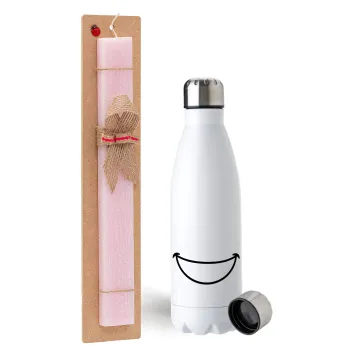 Big Smile, Easter Set, metallic stainless steel water bottle (750ml) & scented flat Easter candle (30cm) (PINK)