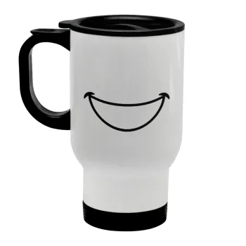Χαμογέλα, Κούπα ταξιδιού ανοξείδωτη με καπάκι, διπλού τοιχώματος (θερμό) λευκή 450ml