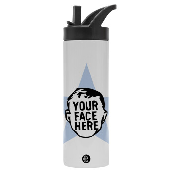 The office star CUSTOM, Metallic thermos bottle with straw & handle, stainless steel (Stainless steel 304), double-walled, 600ml.
