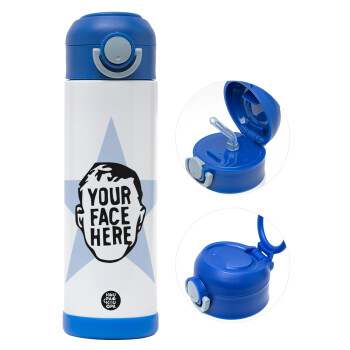 The office star CUSTOM, Children's hot water bottle, stainless steel, with safety straw, BLUE (500ml)