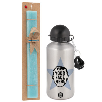 The office star CUSTOM, Easter Set, metallic silver aluminum water bottle (500ml) & scented flat Easter candle (30cm) (TURQUOISE)