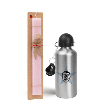 The office star CUSTOM, Easter Set, metallic Silver aluminum water bottle (500ml) & scented flat Easter candle (30cm) (PINK)