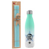 Easter Set, Metallic green/white thermos (Stainless steel), double-walled, 500ml & scented flat Easter candle (30cm) (TURQUOISE)