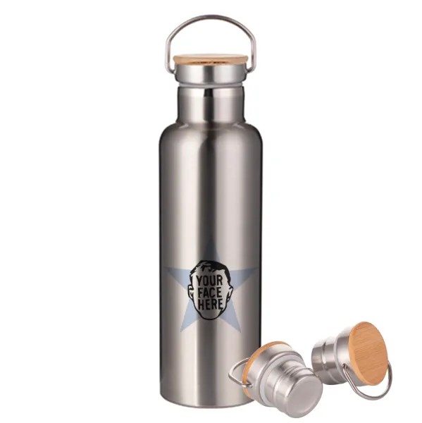 The office star CUSTOM — Μεταλλικό παγούρι θερμός (Stainless steel) Ασημένιο με ξύλινο καπακι (bamboo), διπλού τοιχώματος, 750ml