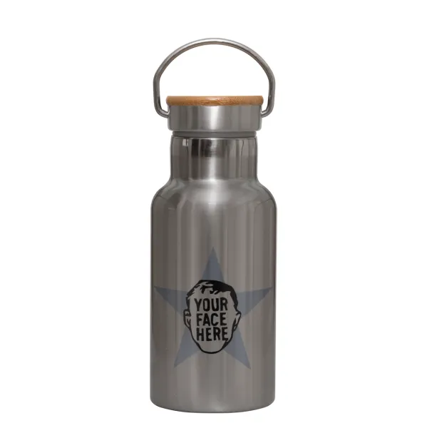 The office star CUSTOM — Stainless steel metallic thermos flask, silver with a bamboo lid, double-walled, 350ml.