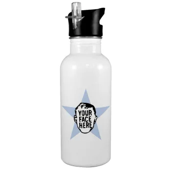 The office star CUSTOM, White water bottle with straw, stainless steel 600ml