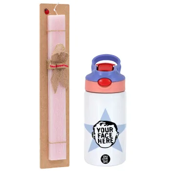 The office star CUSTOM, Easter Set, Children's thermal stainless steel water bottle with safety straw, pink/purple (350ml) & Easter scented flat candle (30cm) (PINK)