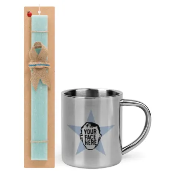 The office star CUSTOM, Easter Set, metallic thermal cup (300ml) & aromatic flat Easter candle (30cm) (TURQUOISE)