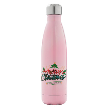 Merry Christmas green, Metal mug thermos Pink Iridiscent (Stainless steel), double wall, 500ml