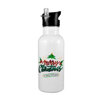 Merry Christmas green, White water bottle with straw, stainless steel 600ml