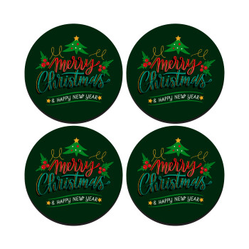 Merry Christmas green, SET of 4 round wooden coasters (9cm)