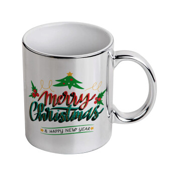 Merry Christmas green, Mug ceramic, silver mirror, 330ml