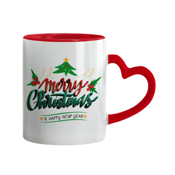 Merry Christmas green, Mug heart red handle, ceramic, 330ml