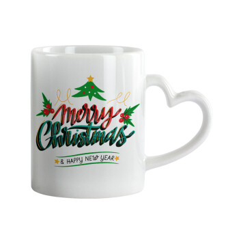 Merry Christmas green, Mug heart handle, ceramic, 330ml