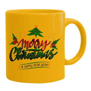 Merry Christmas green, Ceramic coffee mug yellow, 330ml (1pcs)