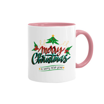 Merry Christmas green, Mug colored pink, ceramic, 330ml