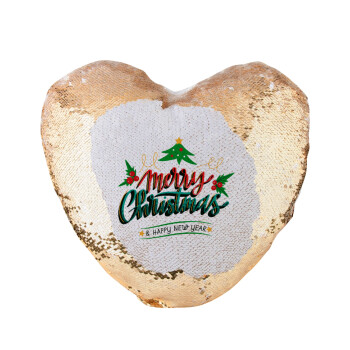 Merry Christmas green, Μαξιλάρι καναπέ καρδιά Μαγικό Χρυσό με πούλιες 40x40cm περιέχεται το  γέμισμα