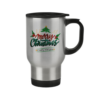 Merry Christmas green, Stainless steel travel mug with lid, double wall 450ml