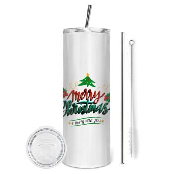 Merry Christmas green, Eco friendly stainless steel tumbler 600ml, with metal straw & cleaning brush
