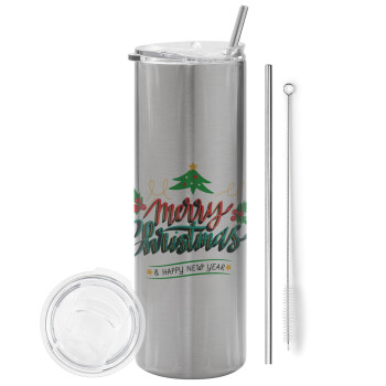 Merry Christmas green, Eco friendly stainless steel Silver tumbler 600ml, with metal straw & cleaning brush