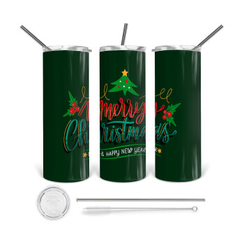 Merry Christmas green, 360 Eco friendly ποτήρι θερμό (tumbler) από ανοξείδωτο ατσάλι 600ml, με μεταλλικό καλαμάκι & βούρτσα καθαρισμού