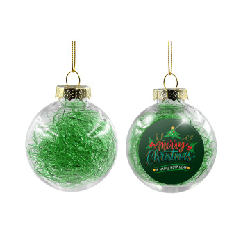 Merry Christmas green, Χριστουγεννιάτικη μπάλα δένδρου διάφανη με πράσινο γέμισμα 8cm