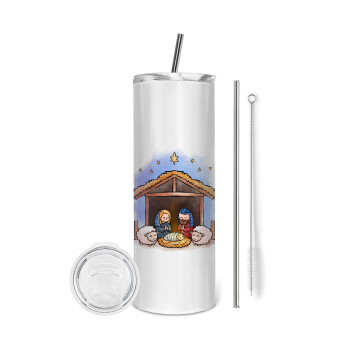 Nativity Jesus, Eco friendly stainless steel tumbler 600ml, with metal straw & cleaning brush