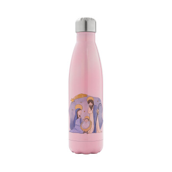 Nativity Jesus watercolor, Metal mug thermos Pink Iridiscent (Stainless steel), double wall, 500ml