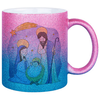 Η γέννηση του Ιησού watercolor, Κούπα Χρυσή/Μπλε Glitter, κεραμική, 330ml