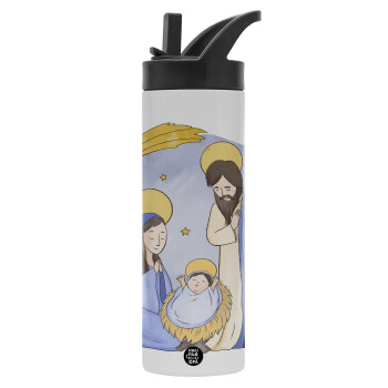 Η γέννηση του Ιησού watercolor, Μεταλλικό παγούρι θερμός με καλαμάκι & χειρολαβή, ανοξείδωτο ατσάλι (Stainless steel 304), διπλού τοιχώματος, 600ml