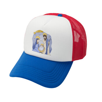 Η γέννηση του Ιησού watercolor, Καπέλο Soft Trucker με Δίχτυ Red/Blue/White 