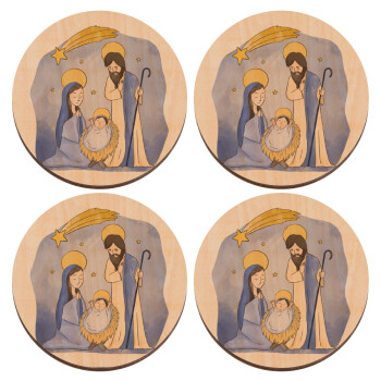 Η γέννηση του Ιησού watercolor, ΣΕΤ x4 Σουβέρ ξύλινα στρογγυλά plywood (9cm)