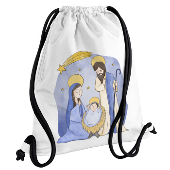 Nativity Jesus watercolor, Τσάντα πλάτης πουγκί GYMBAG λευκή, με τσέπη (40x48cm) & χονδρά κορδόνια