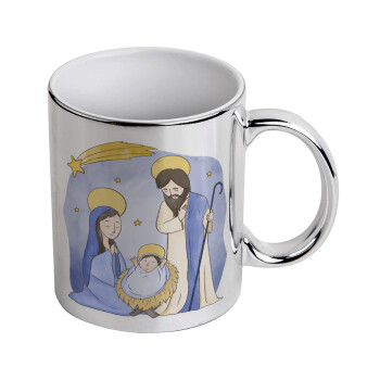 Nativity Jesus watercolor, Mug ceramic, silver mirror, 330ml